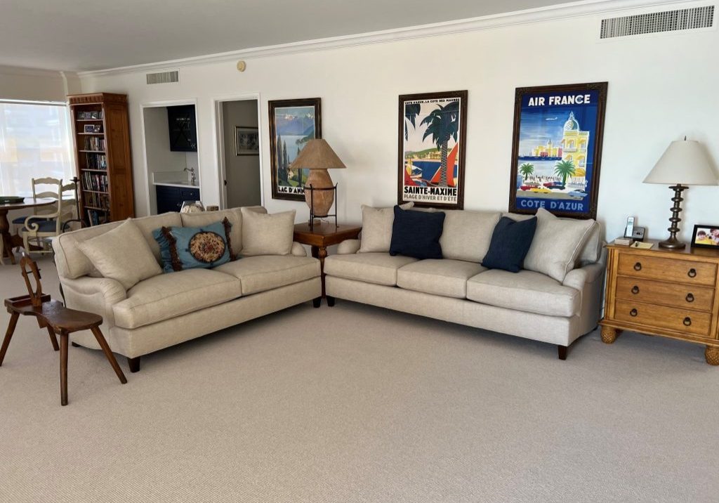 Wool carpet, paint, remove popcorn ceiling, window treatments, furniture, new wet bar