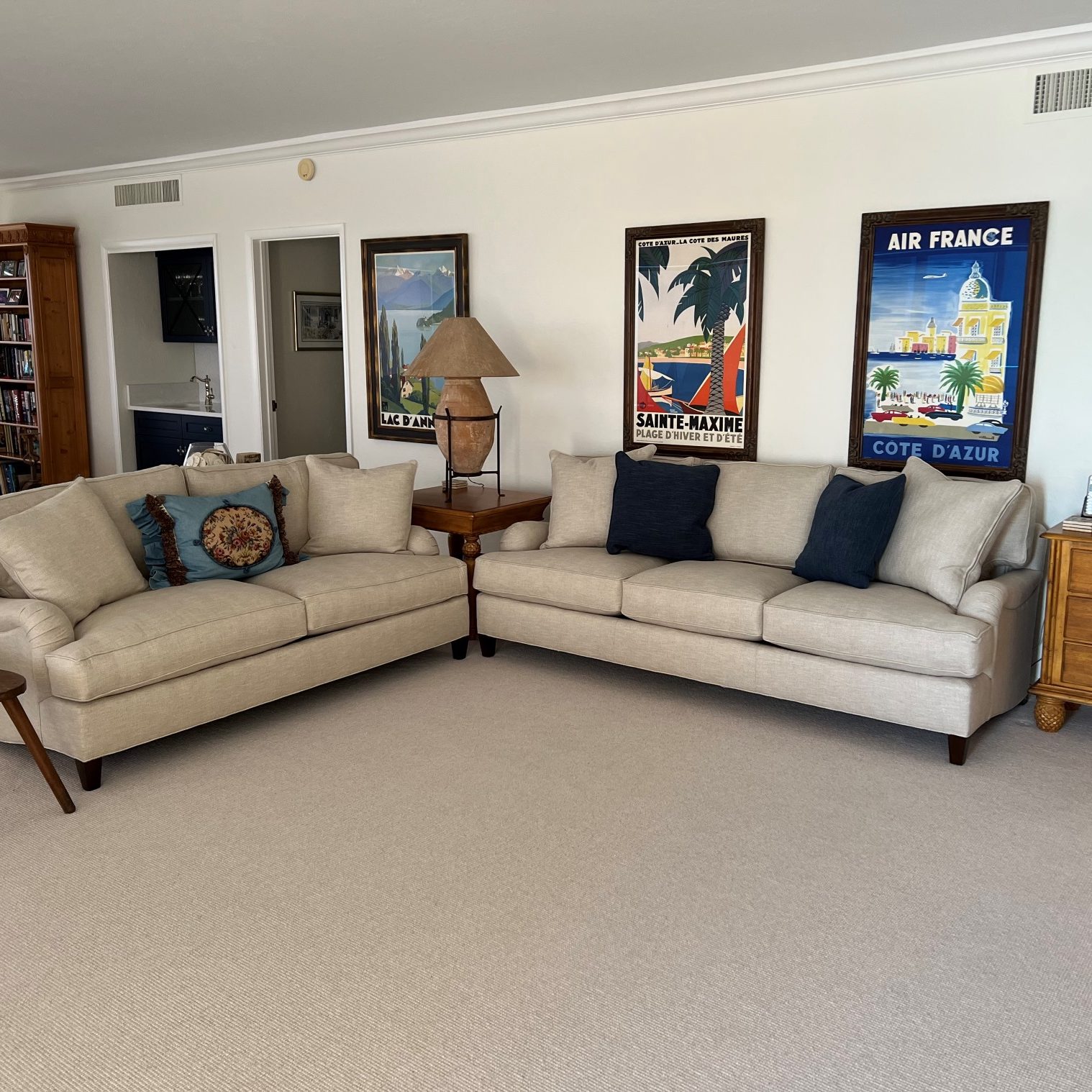 Wool carpet, paint, remove popcorn ceiling, window treatments, furniture, new wet bar